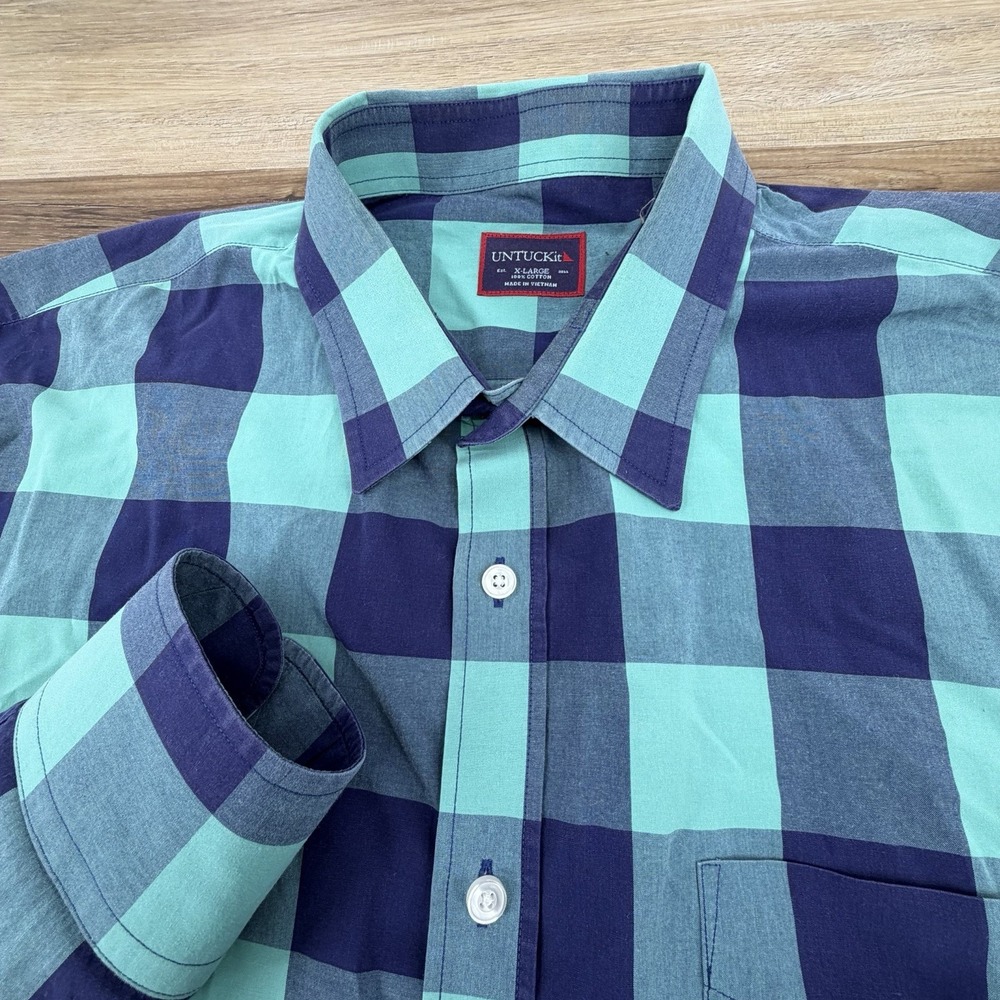 Men's UNTUCKit 100% Cotton Button Down Dress Shirt Size XL Blue Green Plaids EUC